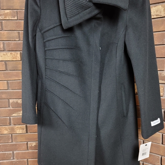 Calvin Klein black wool zip pea coat, sweater detail collar, petite 12 - Picture 3 of 12